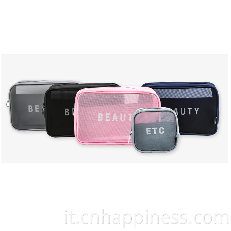 Trendy personalizzato Clear Clear Transparent Nylon Mesh Bage Cosmetic Bouch Black Pink Mini Makeup Borse di bellezza Viaggi